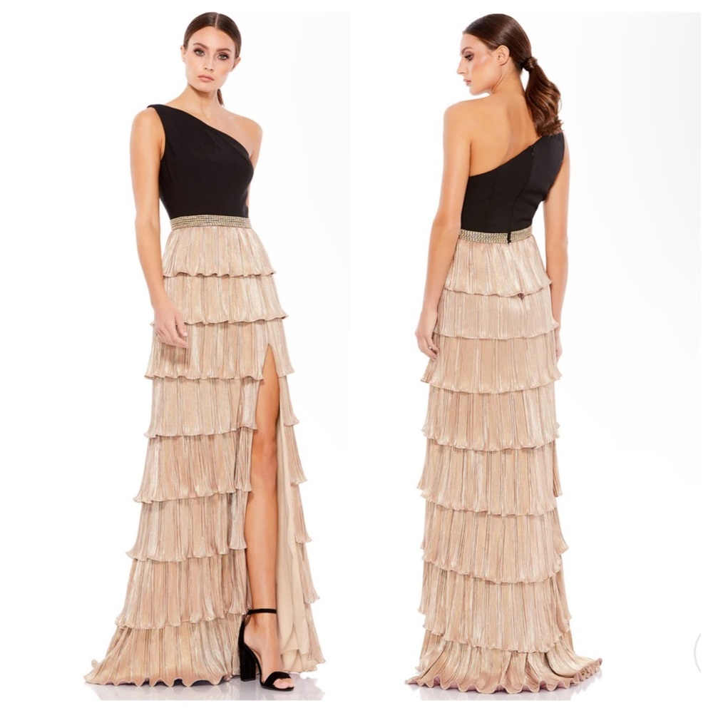 MAC DUGGAL ONE SHOULDER LAYERED METALLIC
RUFFLE GOWN SIZE 4 NWT